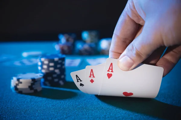Hand Picks Cards Three Aces Plays Casino Poker Background Copy — Stock Photo, Image