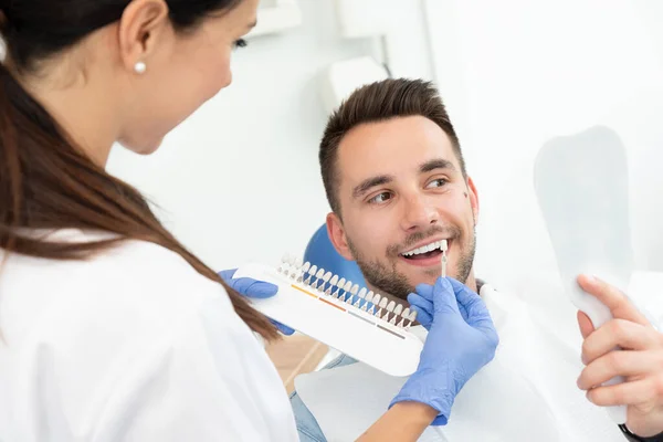 Stilig Ung Man Stomatologiska Kliniken Med Kvinnlig Tandläkare Friska Tänder — Stockfoto