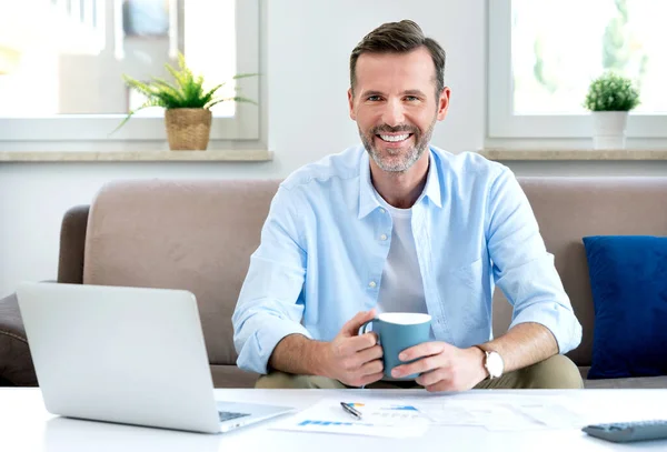 Smiling Man Sitting Table Home Budget Finances Concept — Stock Photo, Image