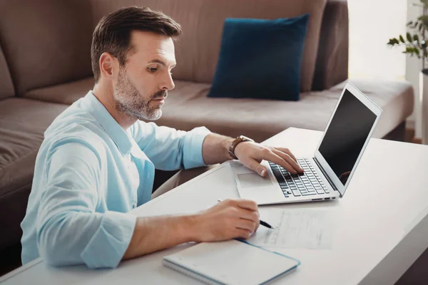 Man Working Laptop Home Budget Finances Remote Working Concept — Stock Photo, Image