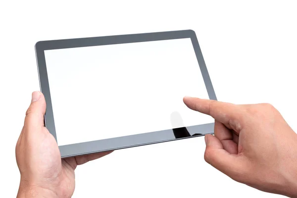 Ręczne Trzymanie Tabletu Cyfrowego Miejsce Aplikację Makieta Pustym Ekranem — Zdjęcie stockowe