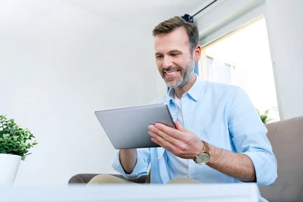 Handsome Businessman Working Home Using App Tablet Telecommuting Sales Reporting — Stock Photo, Image