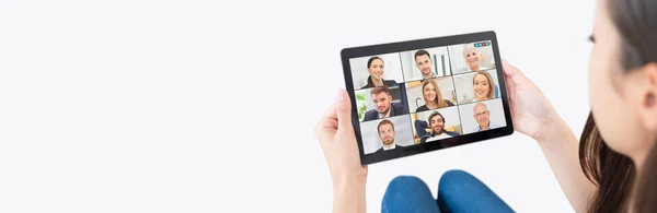 Videoconferentie Met Meerdere Medewerkers Tablettoepassing Voor Thuis Werken Studeren Afstand — Stockfoto