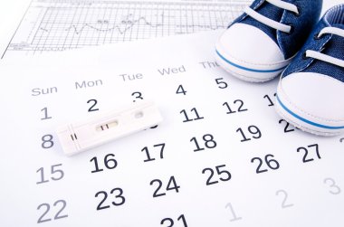Positive pregnancy test on calendar and baby shoes clipart