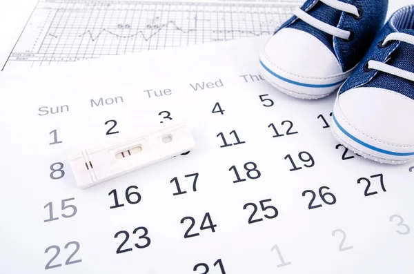 Test di gravidanza positivo su calendario e scarpe per bambini — Foto Stock