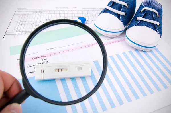 Pregnancy test on fertility chart. Magnify concept — Stock Photo, Image