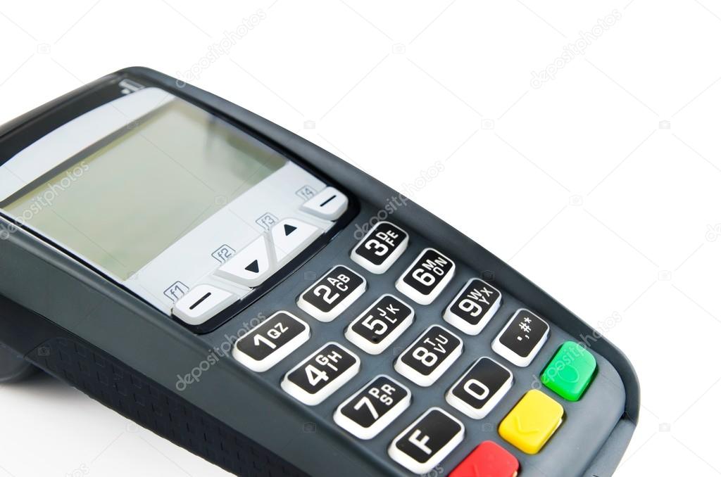 Payment terminal with lighting keypad isolated on white