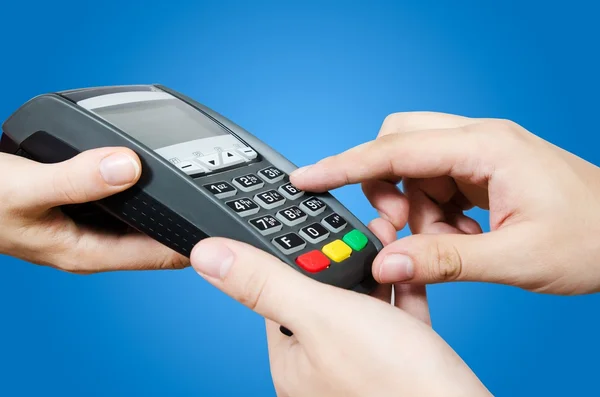 Hand with credit card swipe through terminal for sale — Stock Photo, Image