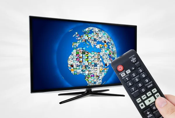 Schermo TV ad alta definizione Widescreen con galleria video a sfera . — Foto Stock