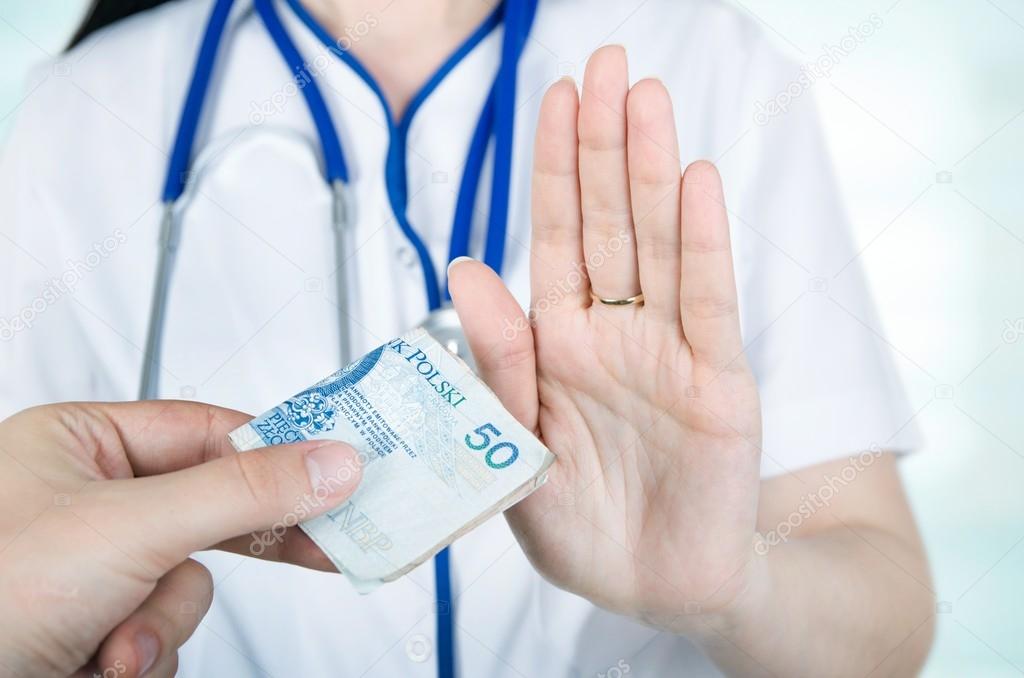 Polish woman doctor refusing kickbacks or bribes.