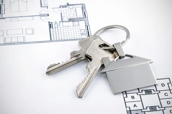 Keys and house chrome pendant with home shape Stock Photo