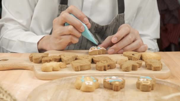 Close Chef Placing Christmas Homemade Gingerbread Tree Cookies Wooden Tray — Stock Video