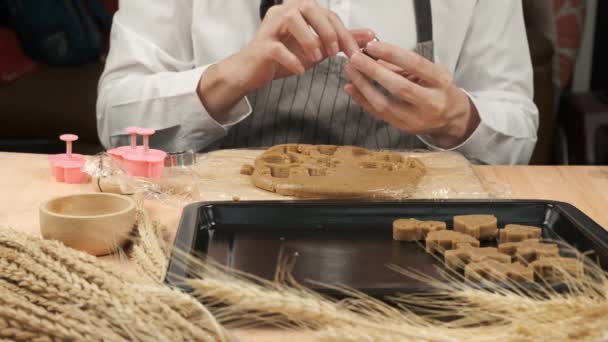 Chef Drukt Koekjesdeeg Van Roestvrij Vormvorm Het Drukken — Stockvideo