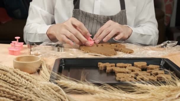 Chef Prensa Plástico Molde Rosa Quitar Forma Masa Colocando Bandeja — Vídeos de Stock