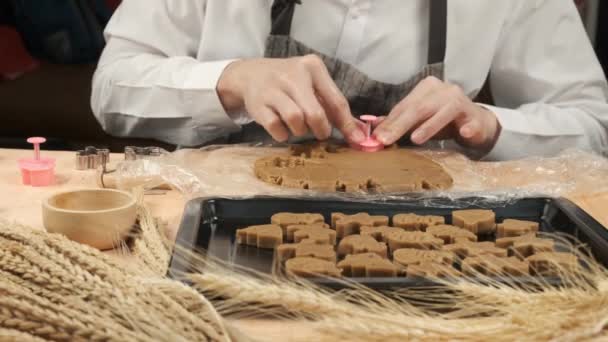 Chef Pegar Molde Forma Plástico Rosa Pressione Massa Biscoito Bege — Vídeo de Stock