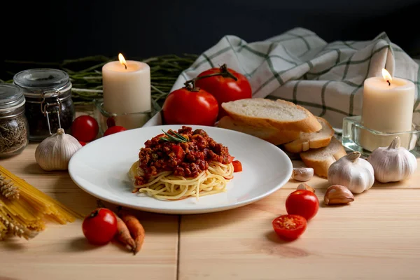 Spaghetti Red Sauce Disk Placing Together Many Recipes Candle Wooden — Stock Photo, Image