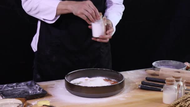 Young Asian Chef Pick Salt Bottle Scoop Bread Flour Bowl — Stock Video