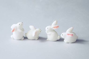 Dört küçük beyaz tavşanı kapatın ve beyaz tavşanlara farklı pozlar verin.