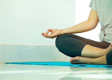 Asya 'lı genç bir kadının Mudra' nın elini kapat. Oturuyor ve yoga yapıyor. Meditasyon yapıyor.
