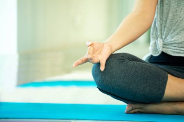 Shunya Mudra 'nın elini kapat. Asya' lı genç bir kadın oturuyor ve yoga yapıyor. Meditasyon yapıyor.