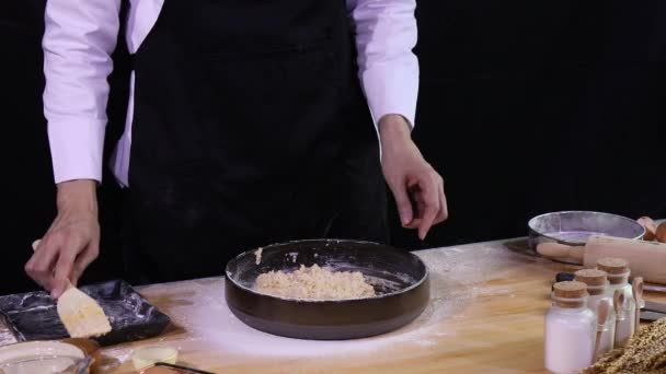 Young Asian Chef Placing Spatula Picking Flour Clapping Two Hands — Stock Video