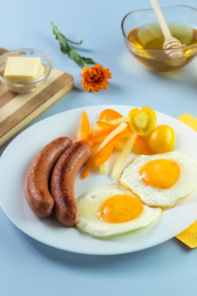 Delicious Breakfast Served Butter Orange Juice Jam Honey Croissants Knife — Stock Photo, Image