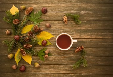  Sonbahar yerleşimi günaydın. Akçaağaç yaprakları, kozalaklar, bir fincan çay, meşe palamudu, yapraklar.