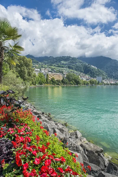 Widok na miasto w Montreux nad Jeziorem Genewskim — Zdjęcie stockowe