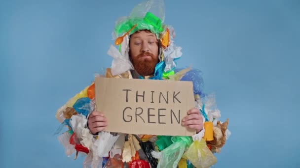 Funny Man Dressed Garbage Costume Holding Cardboard Plate Inscription Think — Stock Video