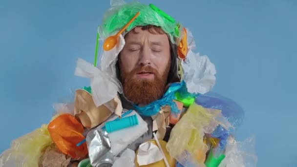 Close Portrait Bearded Man Wearing Trash Costume Crying Looking Camera — Stock Video