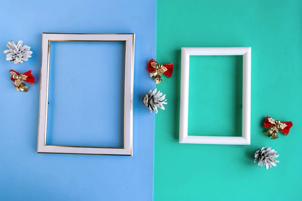 Dois Quadros Fotos Decoração Natal Fundo Geométrico Cor Copie Espaço — Fotografia de Stock