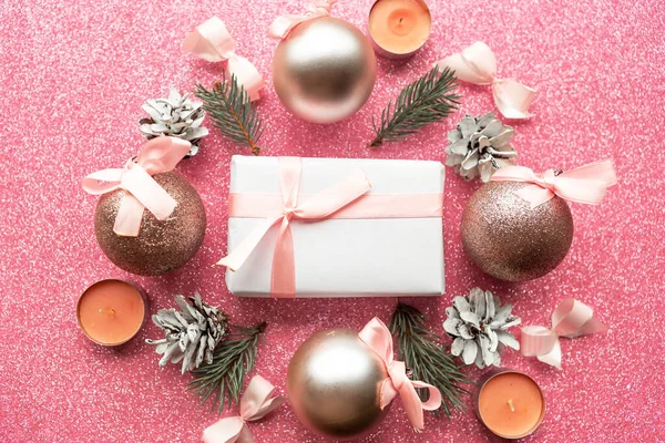 Caixa Presente Decorações Natal Fundo Brilho Cartão Natal Feliz Natal — Fotografia de Stock