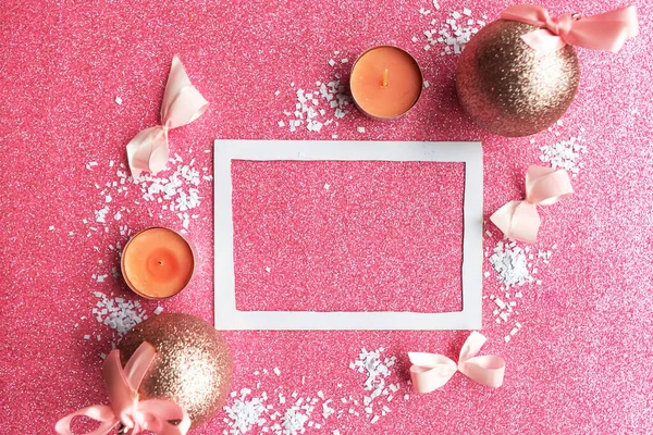 Photo Frame Christmas Decorations Pink Glitter Background Merry Christmas Greeting — Stock Photo, Image