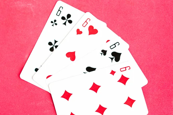 Póker Quads Játék Kártya Piros Háttér — Stock Fotó