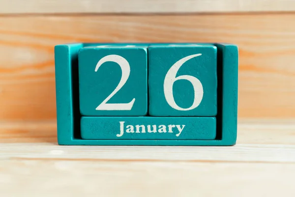 Enero Calendario Cubo Azul Con Mes Fecha Sobre Fondo Madera —  Fotos de Stock