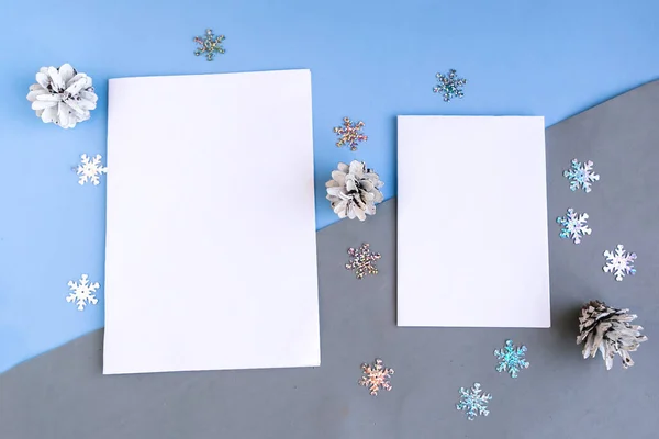 Two Mockup Blanks Christmas Decorations Color Background Template Christmas Greeting — Stock Photo, Image