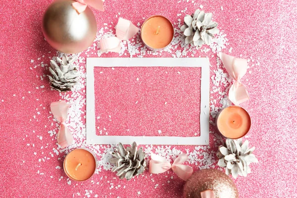 Moldura Fotos Decorações Natal Fundo Rosa Brilho Feliz Natal Cartão — Fotografia de Stock