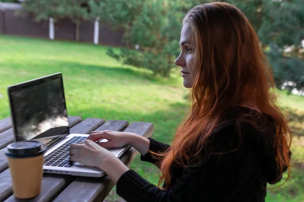 Freelancer Naturaleza Mujer Está Trabajando Con Ordenador Portátil Bosque — Foto de Stock