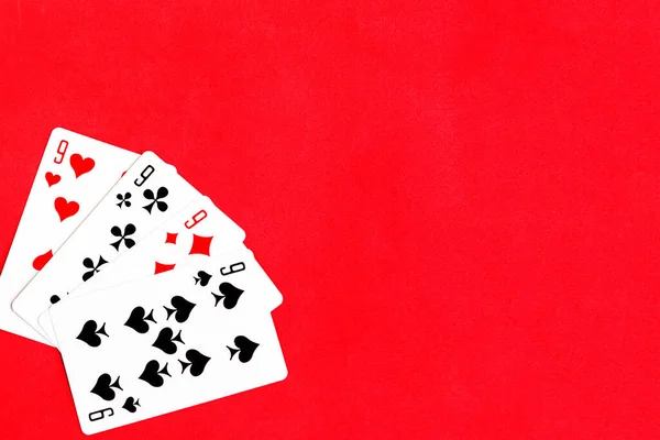 Poker Quads Playing Card Red Background Copy Space — Stock Photo, Image