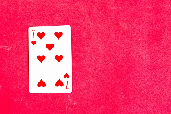 Seven Hearts Spelkort Röd Bakgrund Kopiera Utrymme — Stockfoto