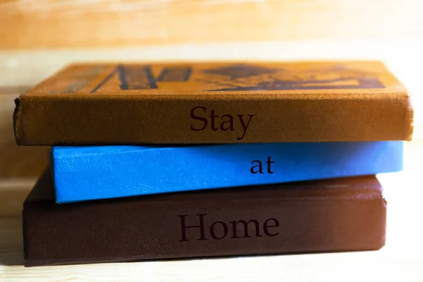 Stack Old Books Text Stay Home Wooden Table — Stock Photo, Image