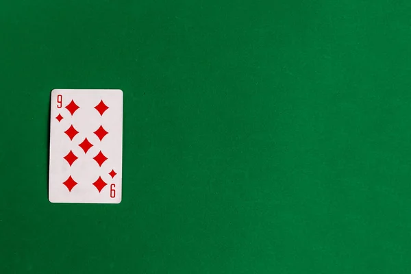 Nine Diamonds Playing Card Green Background Copy Space — Stock Photo, Image