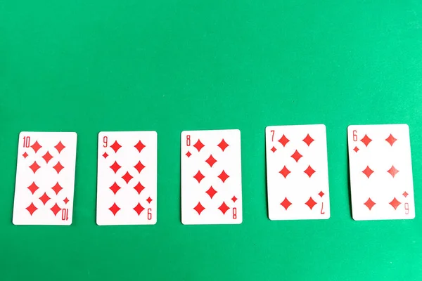 Poker Straight Flush Playing Card Top View Copy Space Green — Stock Photo, Image