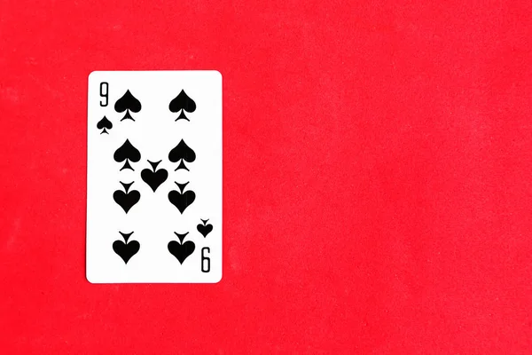 Nine Spades Playing Card Red Background Top View Copy Space — Stock Photo, Image