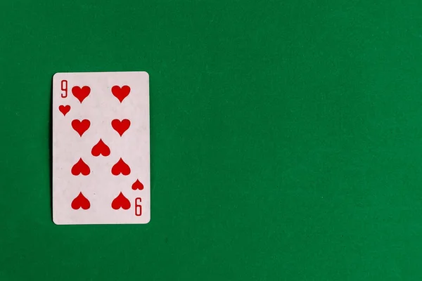Nine Hearts Playing Card Green Background Top View Copy Space — Stock Photo, Image
