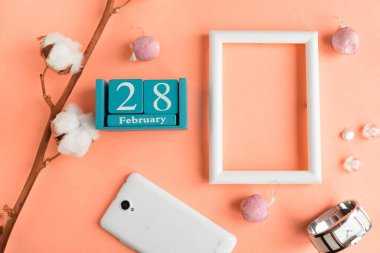 28 Şubat. Pembe pastel arka planda ay, tarih ve resim çerçeveli mavi küp takvimi. 