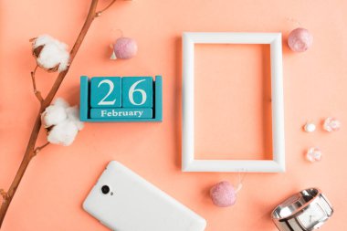 26 Şubat. Pembe pastel arka planda ay, tarih ve resim çerçeveli mavi küp takvimi. 