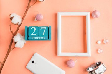 27 Şubat. Pembe pastel arka planda ay, tarih ve resim çerçeveli mavi küp takvimi. 