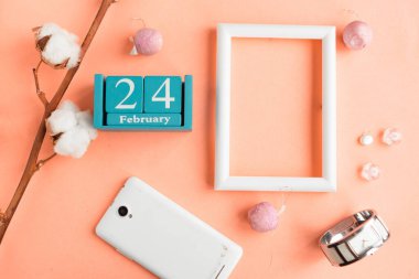 24 Şubat. Pembe pastel arka planda ay, tarih ve resim çerçeveli mavi küp takvimi. 
