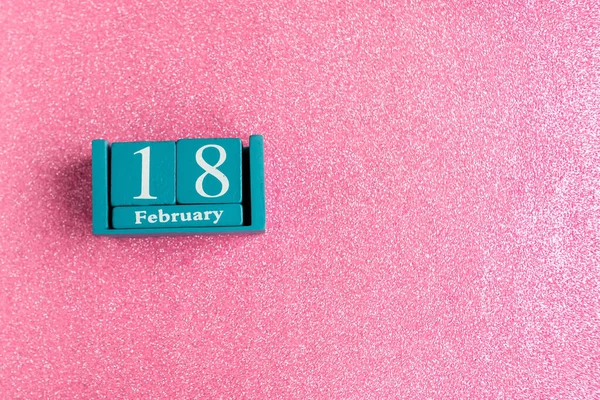 February Blue Cube Calendar Month Date Pink Glitter Background Copy — Stock Photo, Image